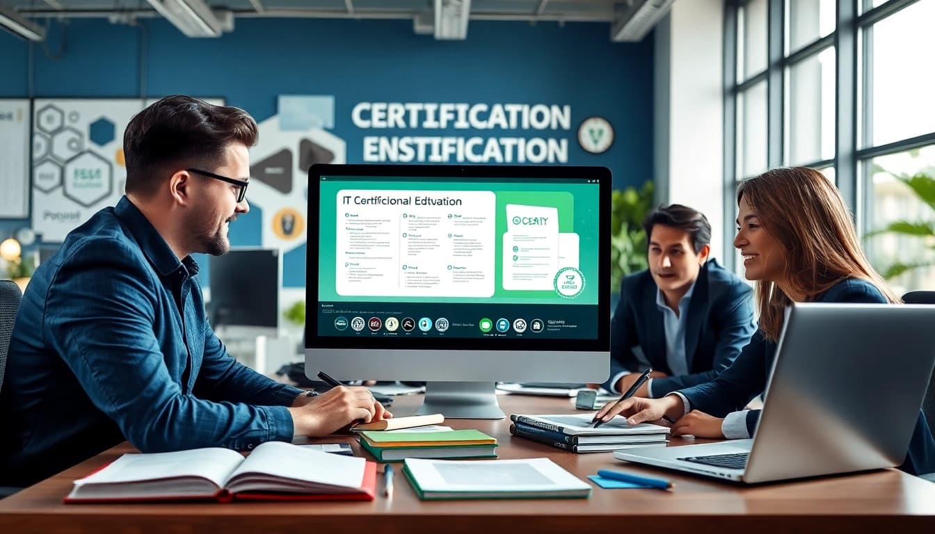 Earn IT certifications without studying displayed in a vibrant office environment.