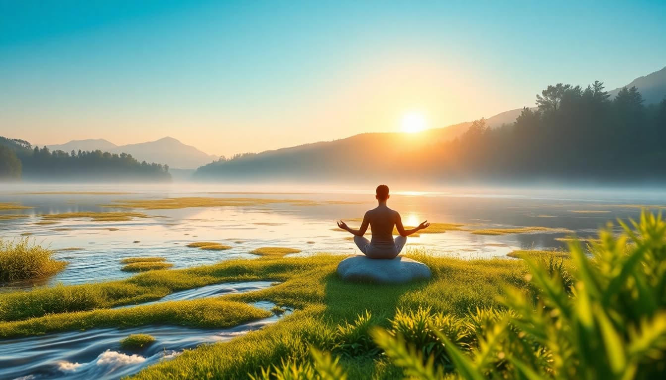 Embracing mental wellness through mindfulness in a tranquil natural retreat.