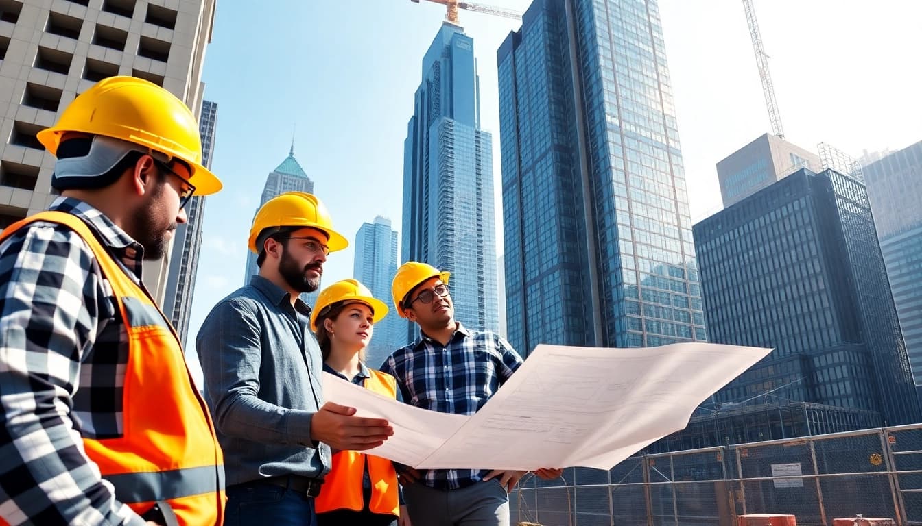 New York City General Contractor managing a skyscraper project with diverse crew at a bustling construction site.