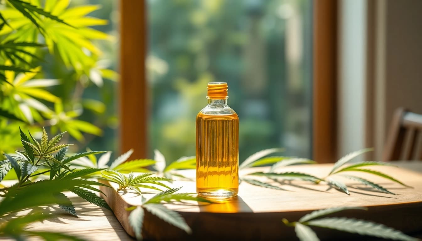 Buy CBD / THC Cannabis Oil UK bottle with natural elements highlighting its organic appeal.