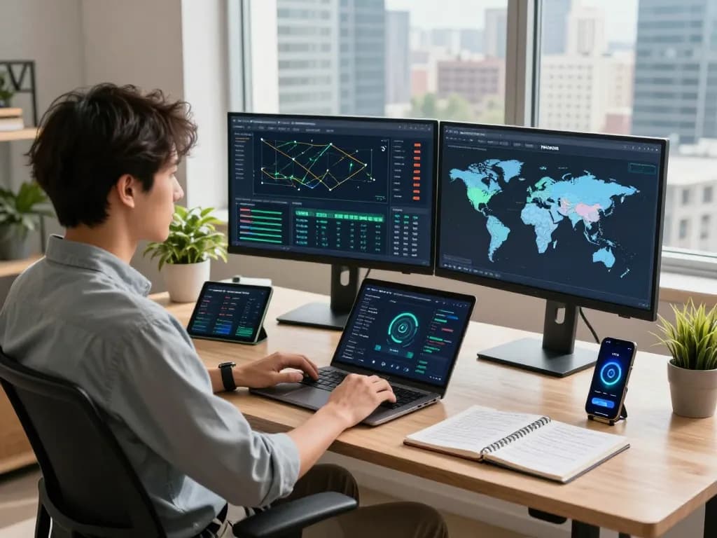 快连 VPN network engineer monitoring global connections in a modern tech workspace with dual screens and city skyline.