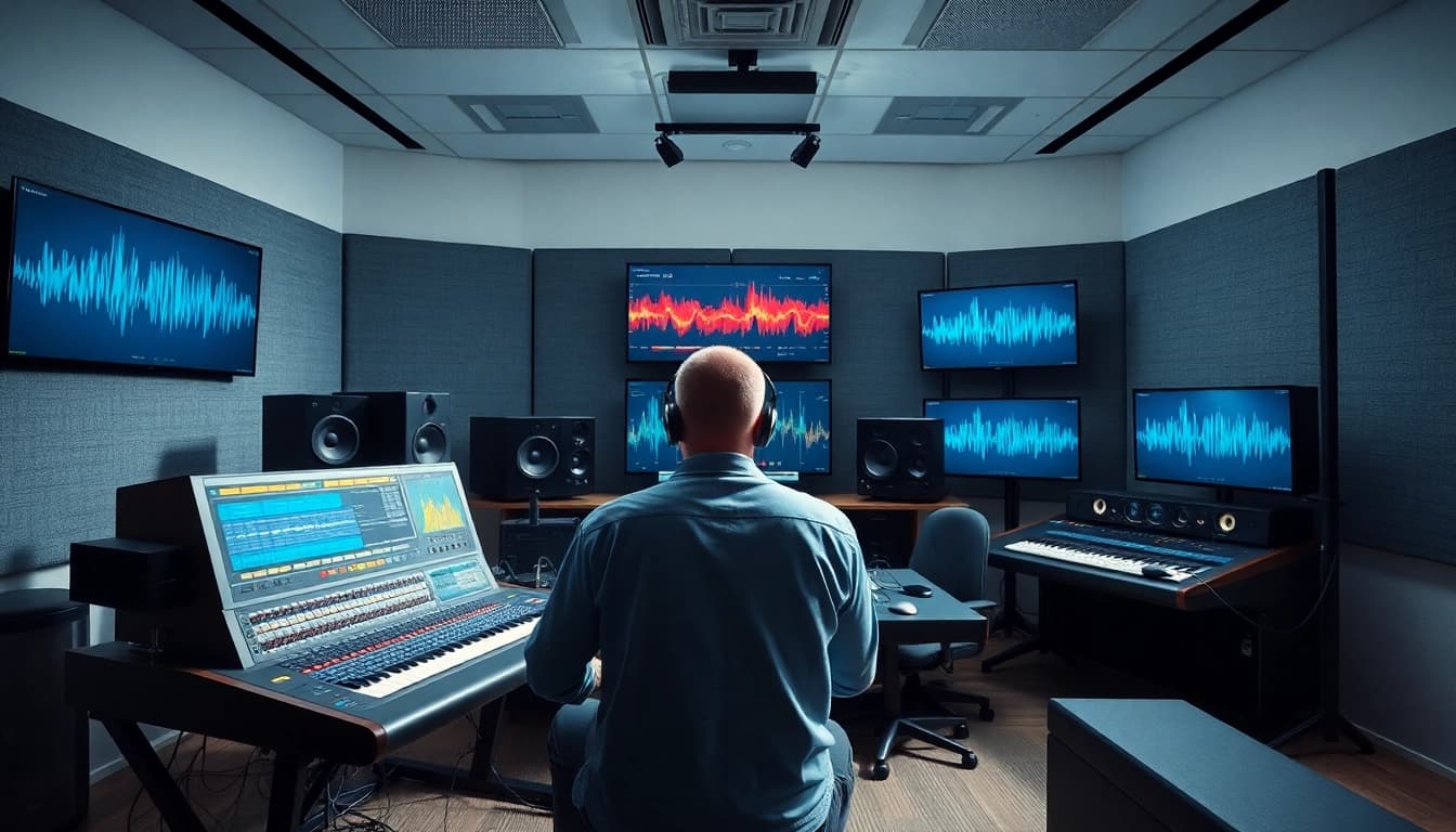 Engaging online audio mastering studio with sound engineer, showcasing professional equipment and vibrant soundwave visuals.