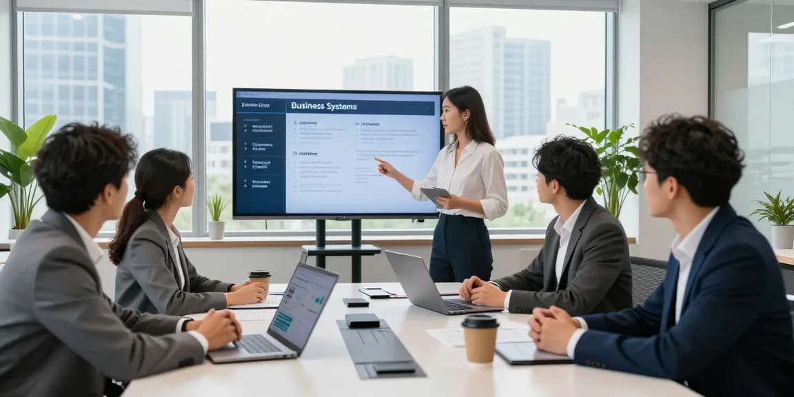Team discussing small business phone systems in a modern office meeting