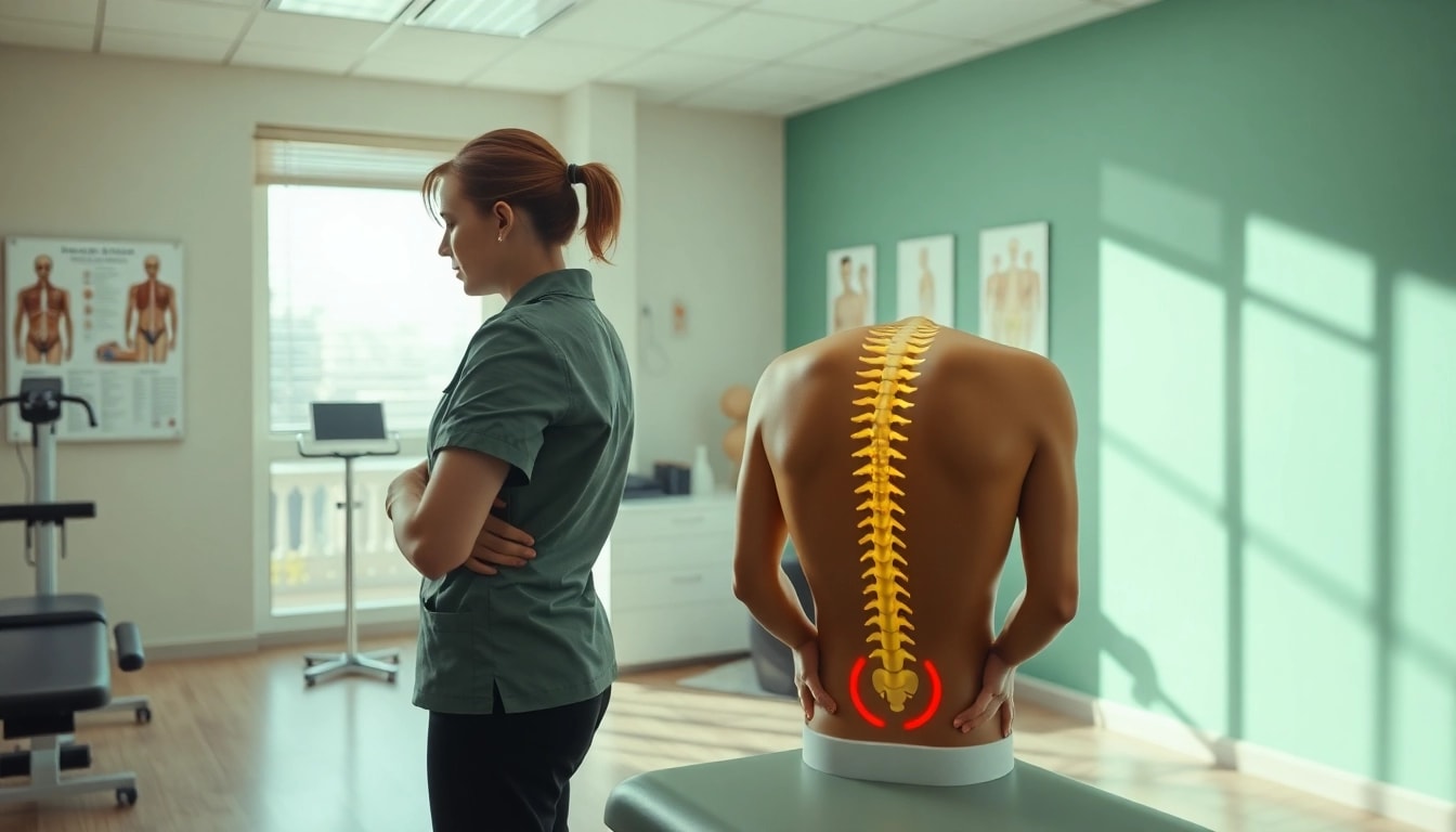 Explore effective back pain solutions with a therapist demonstrating techniques in a warm clinic setting.