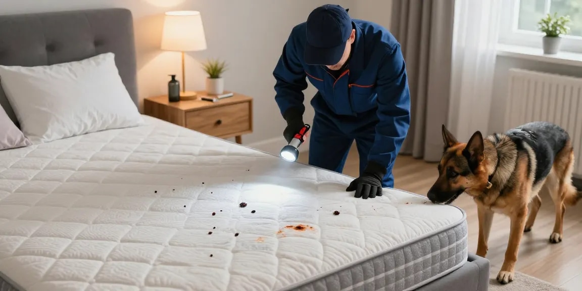 Professional bed bug pest control inspection in a residential bedroom with a K9 unit.