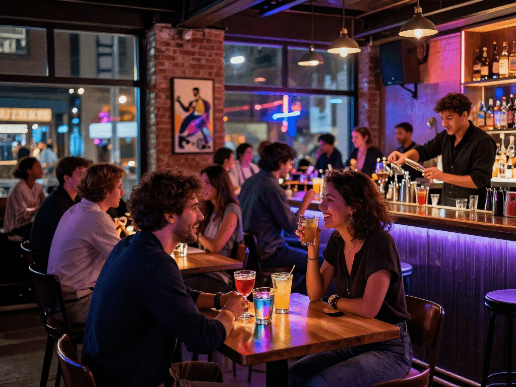 nsfw themed lively bar scene with colorful cocktails and diverse patrons enjoying nightlife