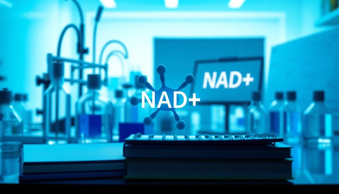 NAD+ molecular structure showcased in a bright laboratory setting highlighting scientific exploration.