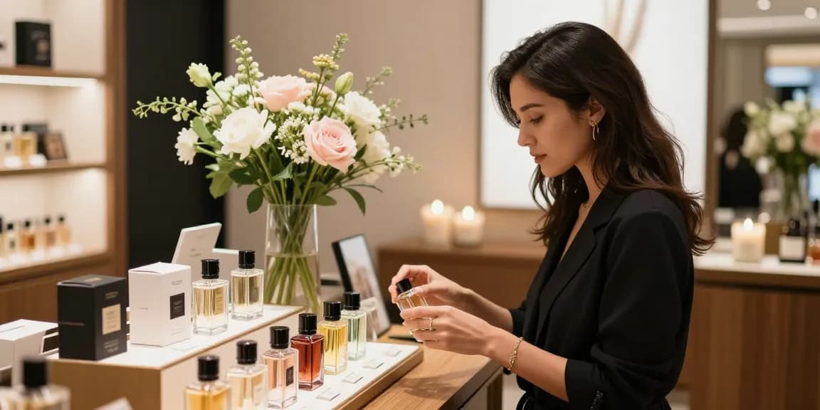 How to Choose a Perfume: woman selecting elegant fragrances in boutique with floral accents and warm lighting
