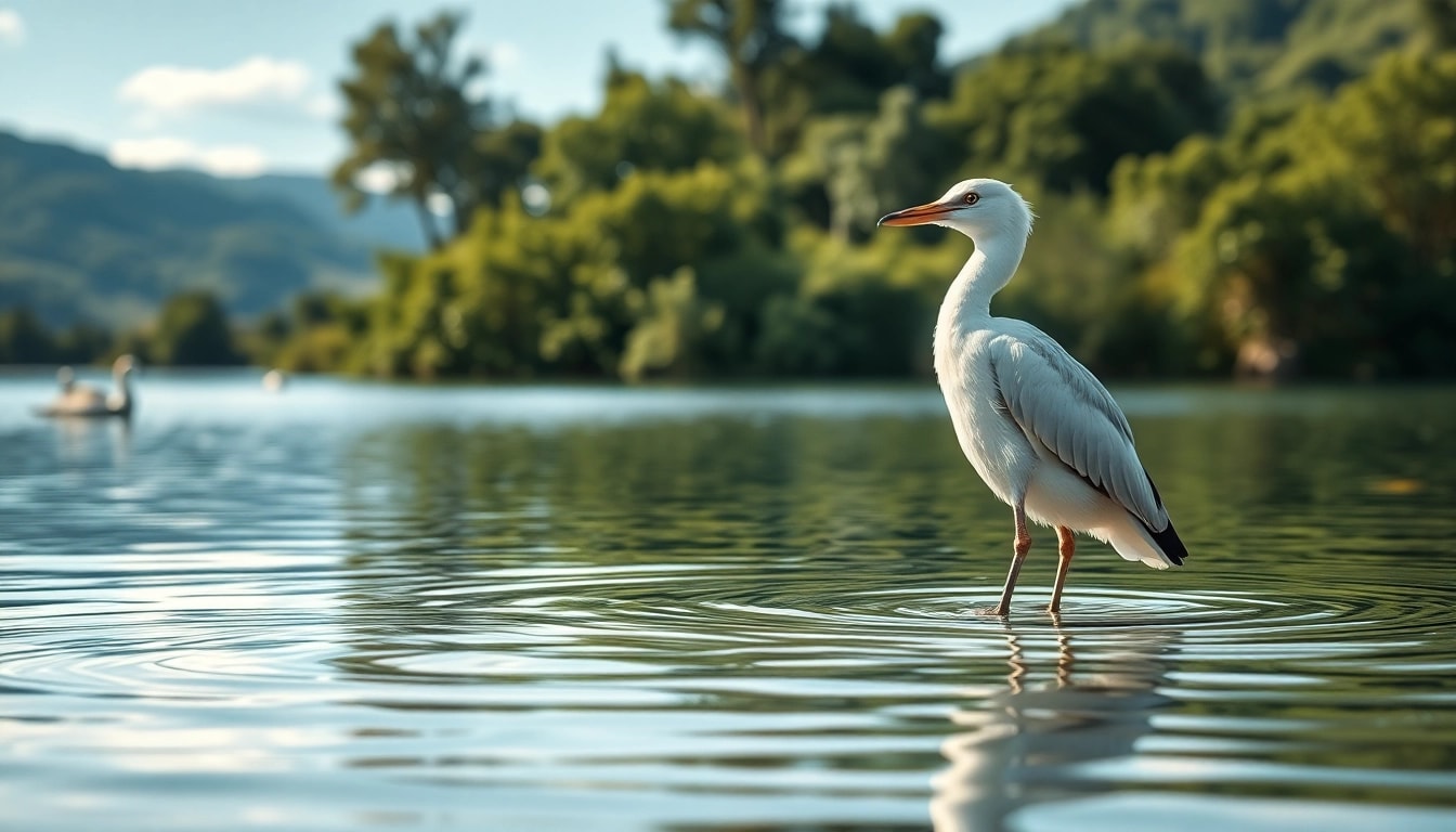 Observe the sheerwater gracefully perched in a tranquil setting by the water.