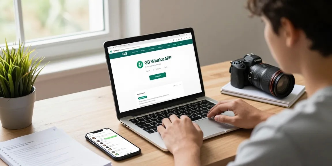 GB WhatsApp download in a cozy home office setup with a laptop showing APK details.