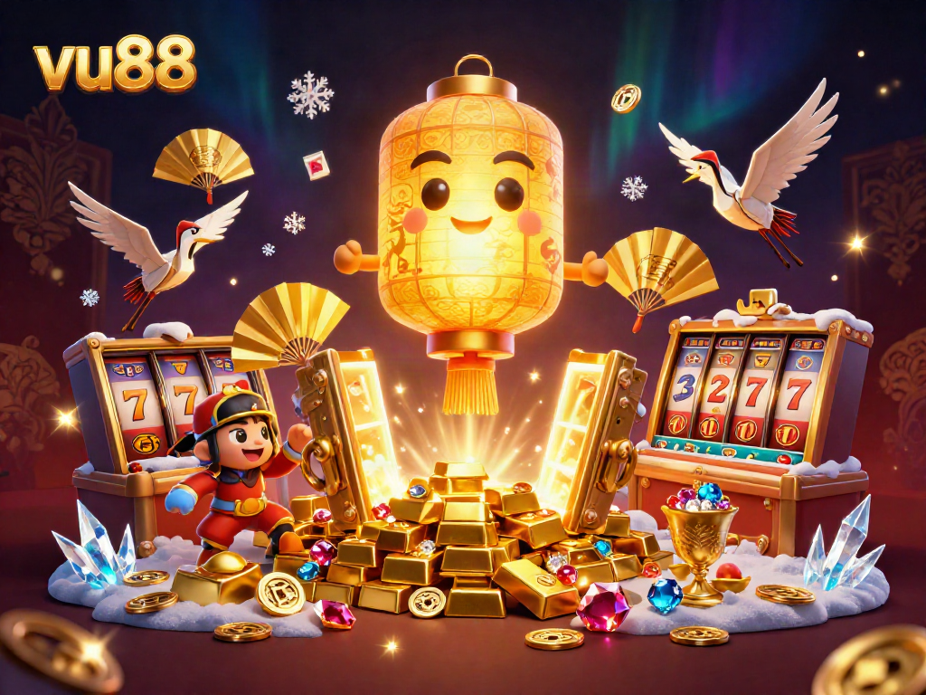 Experience wins at vu88 casino with the golden lantern spirit surrounded by rich treasures.