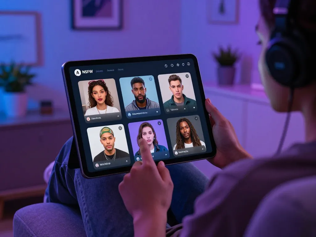 Engaging NSFW AI chat interaction scene with a user exploring customizable characters on a tablet in a cozy setting.