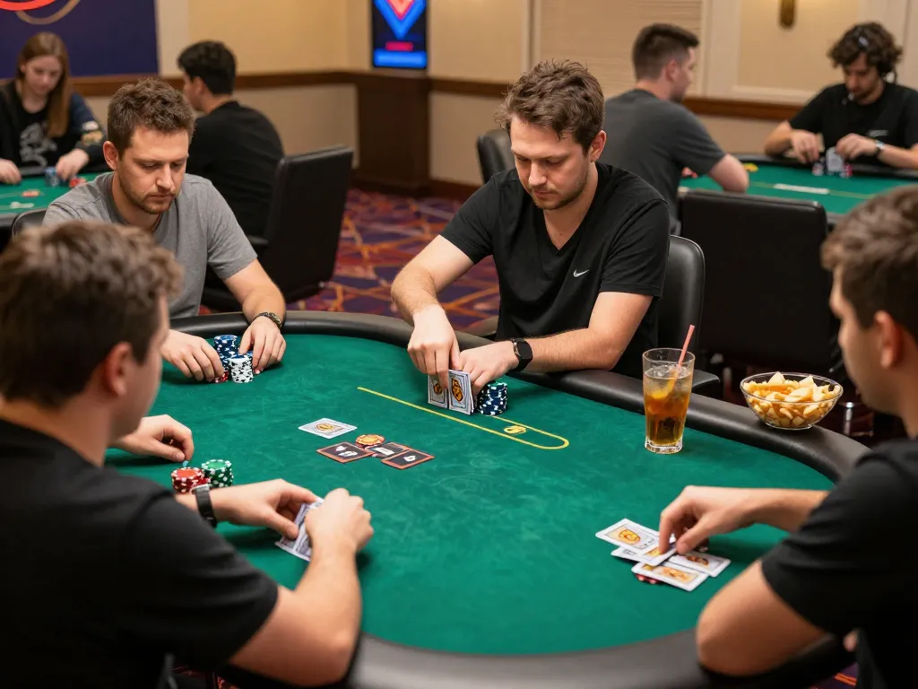 Players enjoying a high-stakes poker game at 789P casino, chips stacked on the table, creating an engaged atmosphere.
