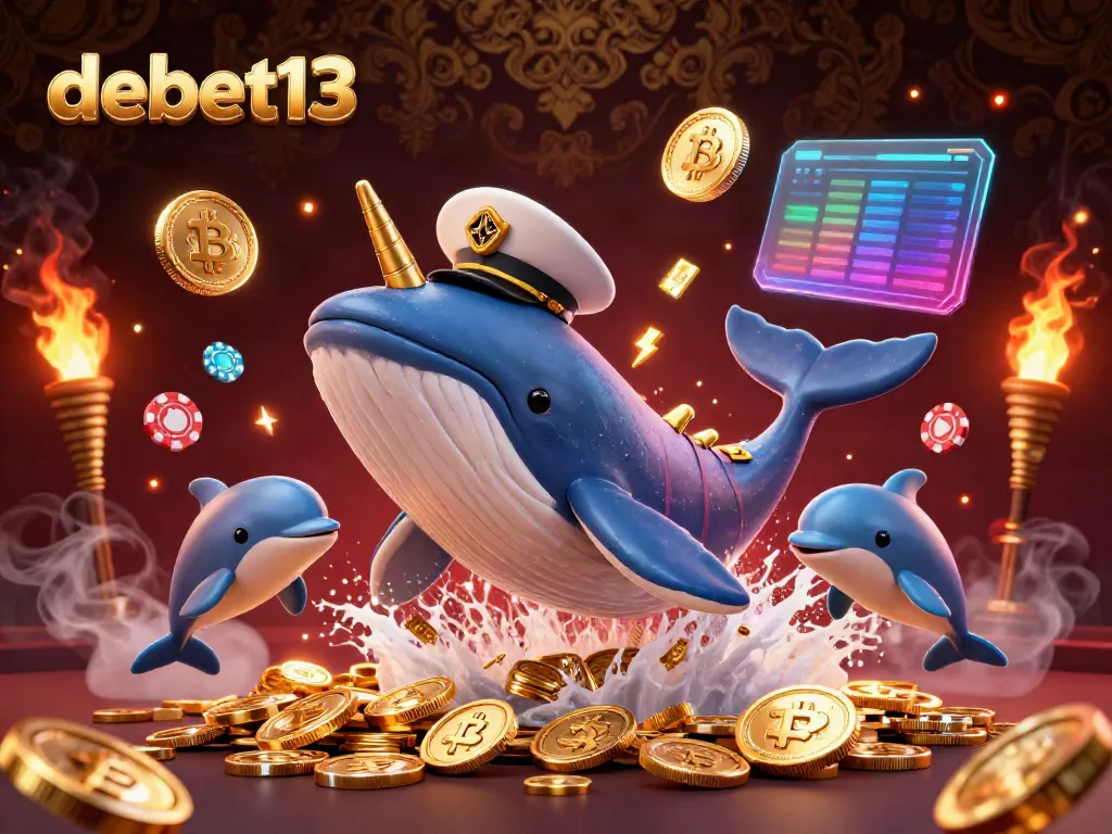 Experience the excitement of debet13 with a whale captain breaching coins alongside playful dolphins in this vibrant 3D casino scene.