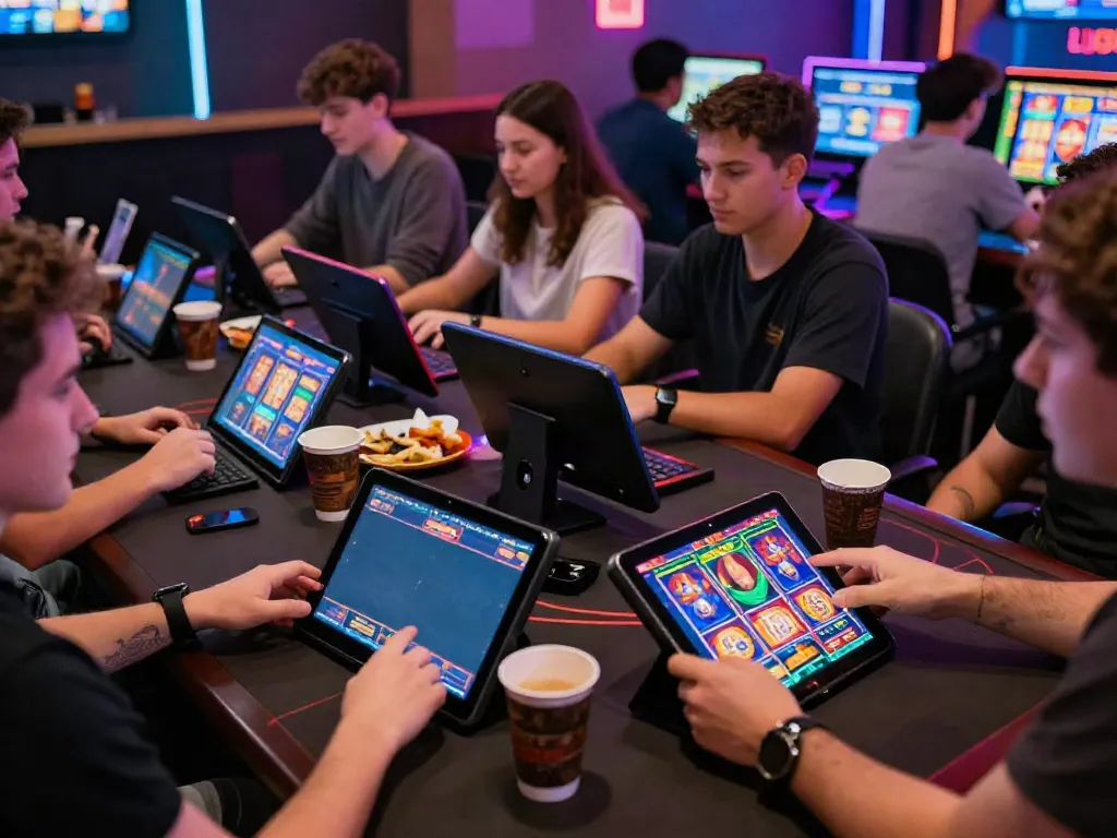 LU88 betting frenzy with players engaging on smartphones and tablets, showcasing vibrant online casino action.