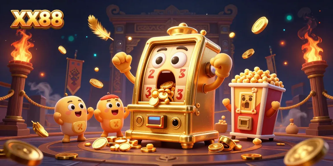 XX88 slot machine wins big with coins pouring out, surrounded by cheering baby slots and atmosphere of excitement.