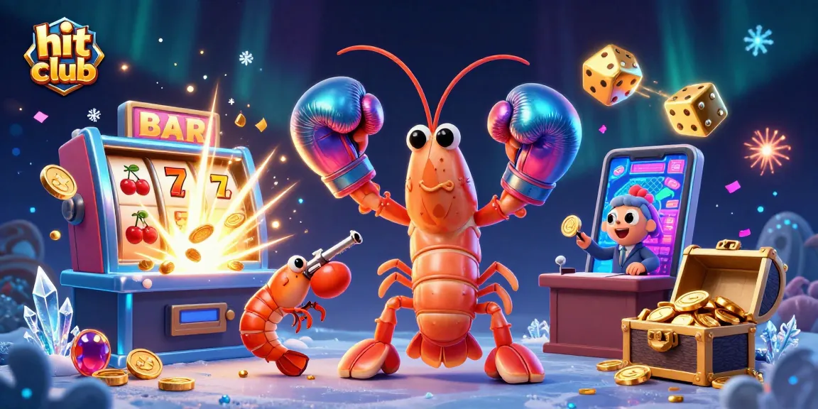 Join the hit club for an exciting jackpot with colorful slots and fierce shrimp characters in a dynamic casino scene.