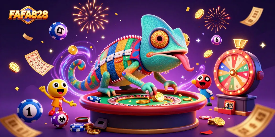 FAFA828 showcases an exciting chameleon casino owner capturing golden coins amidst vibrant gambling elements.
