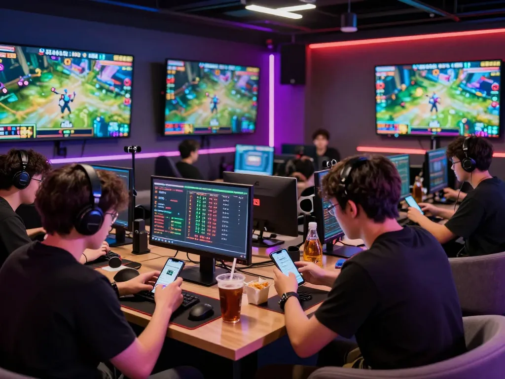 TR88 esports betting scene with gamers analyzing odds on devices in a lively atmosphere.