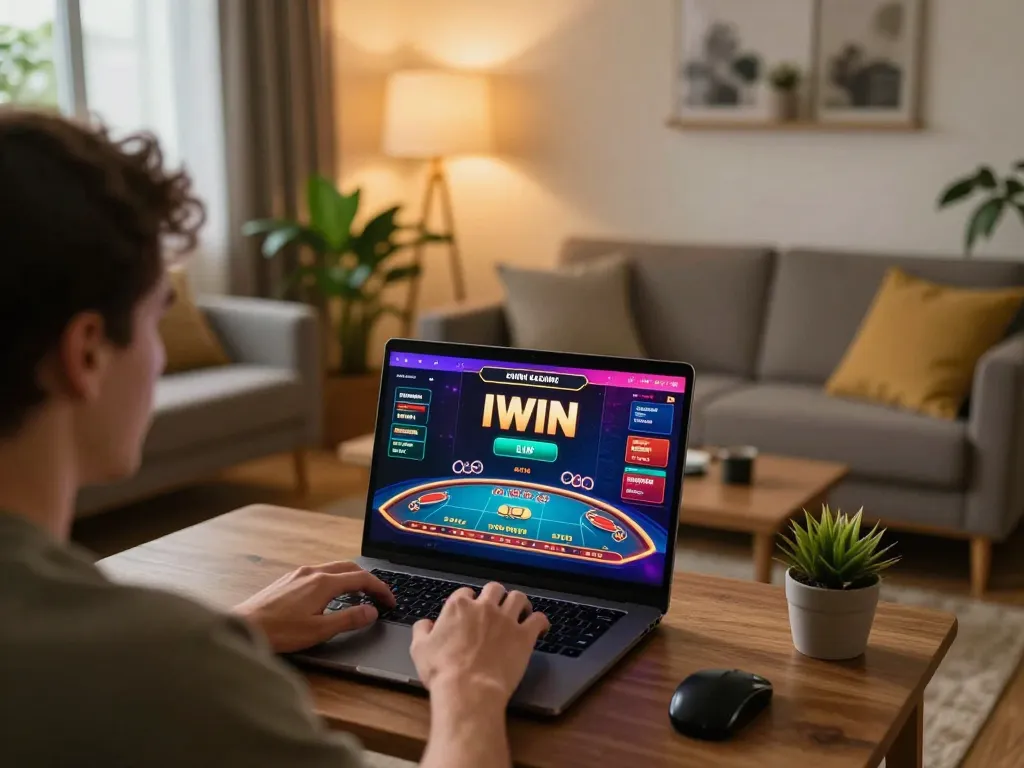 Players enjoying the IWIN online casino platform interface at home, highlighting interactive gambling.