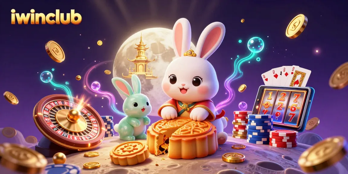 iwinclub delights gamblers with a vibrant scene of a moon rabbit crafting mooncakes while surrounded by casino elements.
