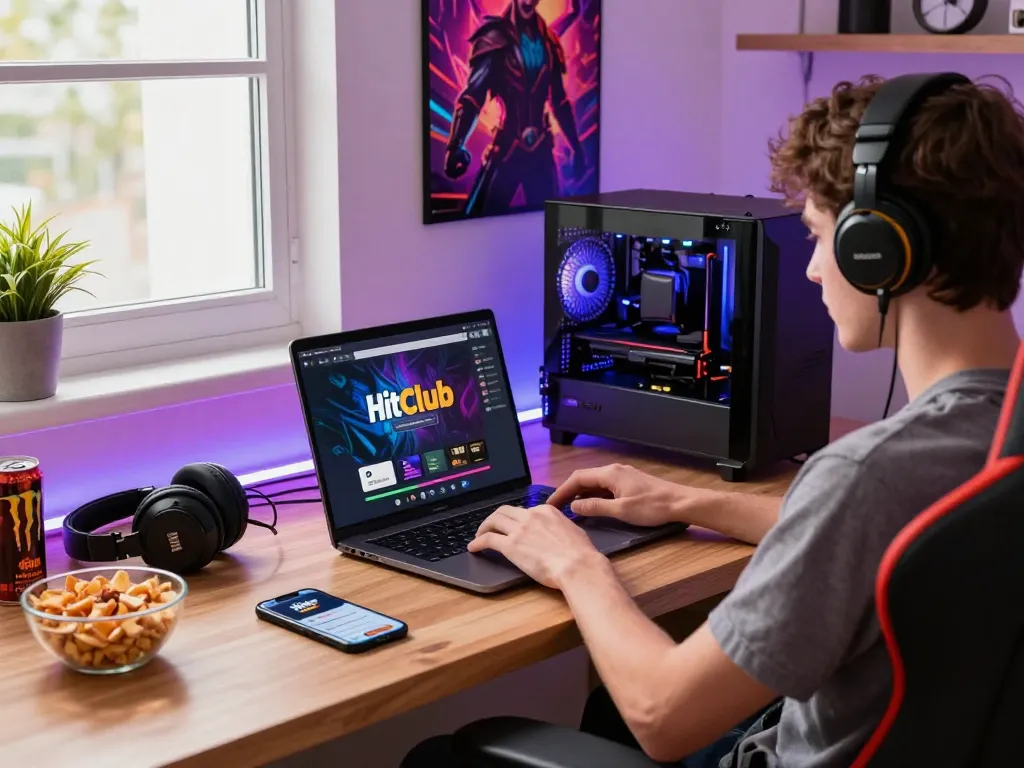 Engaging user experience while tải hitclub on a laptop in a cozy gaming setup.