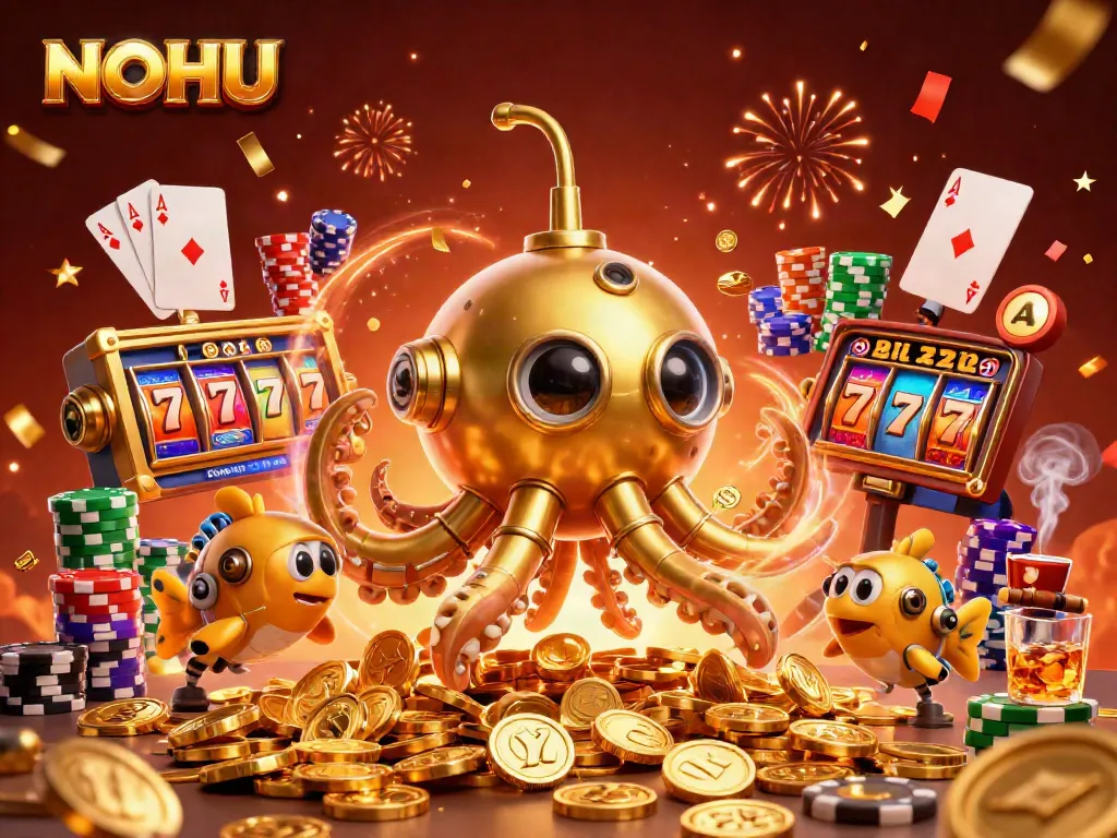 Engaging illustration of NOHU's 3D kraken submarine with vibrant casino elements, showcasing exciting jackpot action.