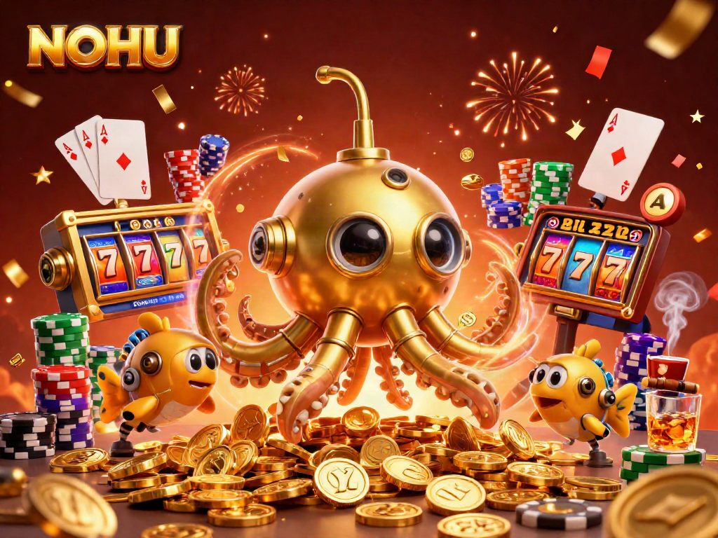 Engaging illustration of NOHU's 3D kraken submarine with vibrant casino elements, showcasing exciting jackpot action.