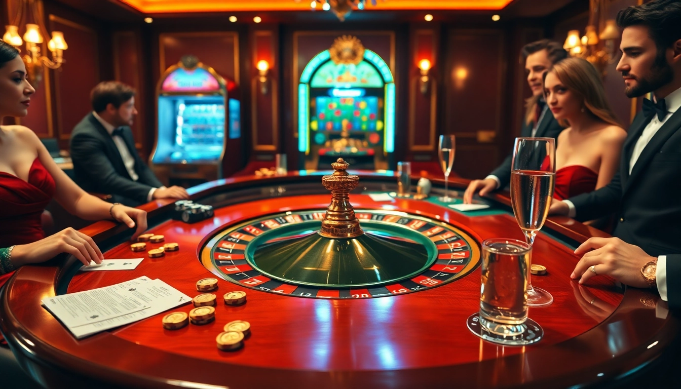 Players engaging in a luxurious casino experience at https://789winii.com/, featuring roulette, cards, and poker chips.