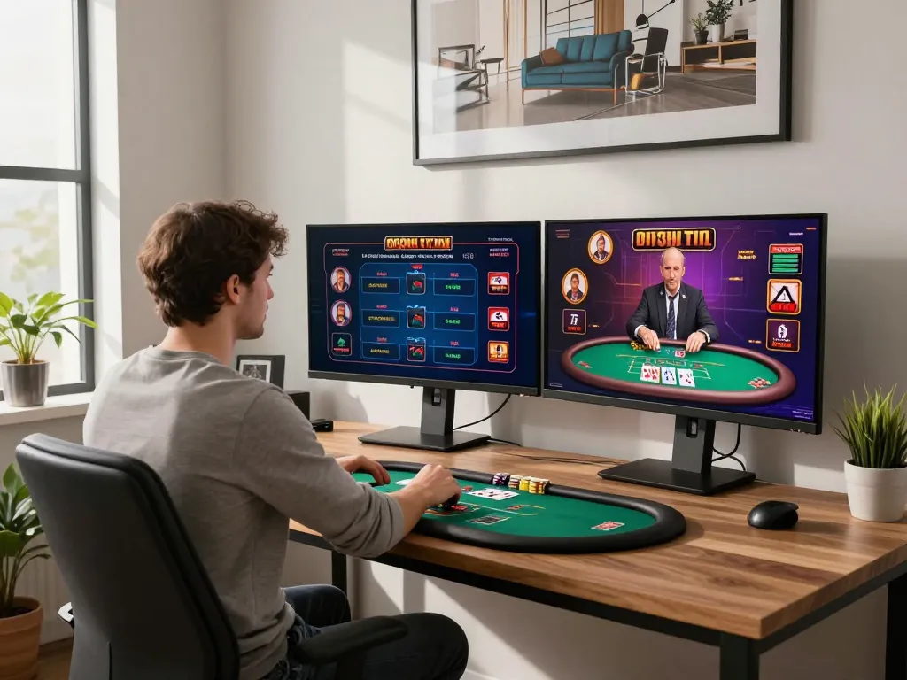 B52clubc gaming setup showcasing online poker strategy in a stylish home office environment