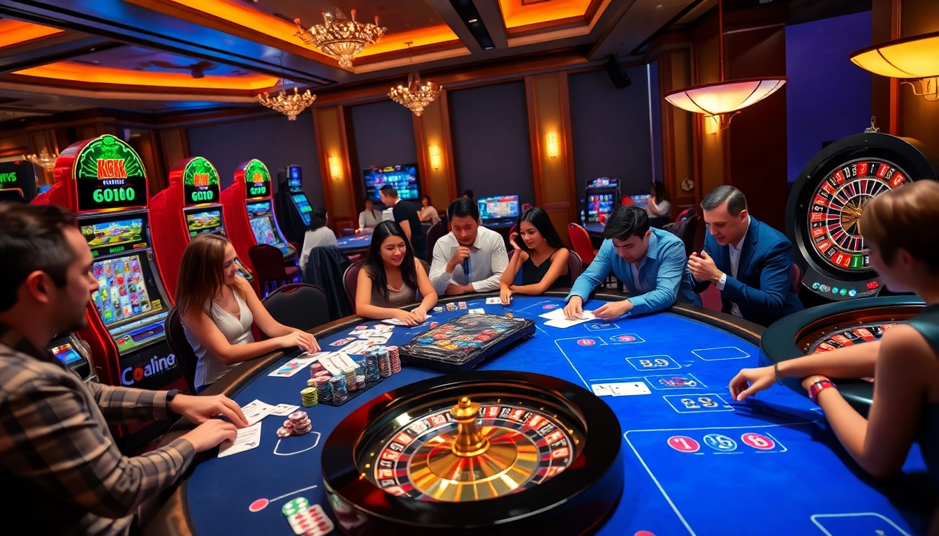 Playing poker at https://okfun.jpn.com/, showcasing a luxurious casino environment with vibrant slot machines.