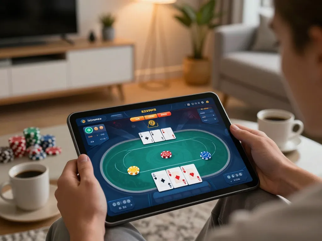 Kuwin online gaming interface displayed on a tablet with a user immersed in poker action