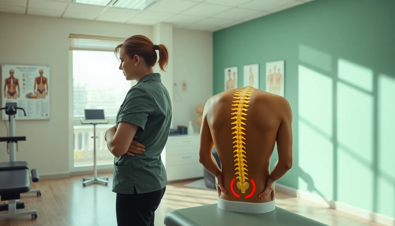 Explore effective back pain solutions with a therapist demonstrating techniques in a warm clinic setting.