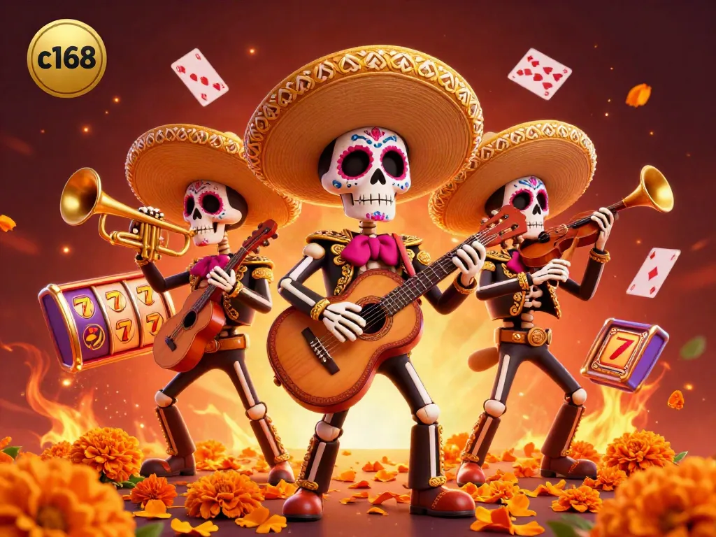 Engage with c168's thrilling casino scene featuring Día de los Muertos mariachi band surrounded by slot game elements.