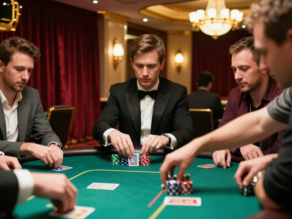 Players strategizing during a high-stakes poker game at GO88 casino, capturing the excitement and tension.