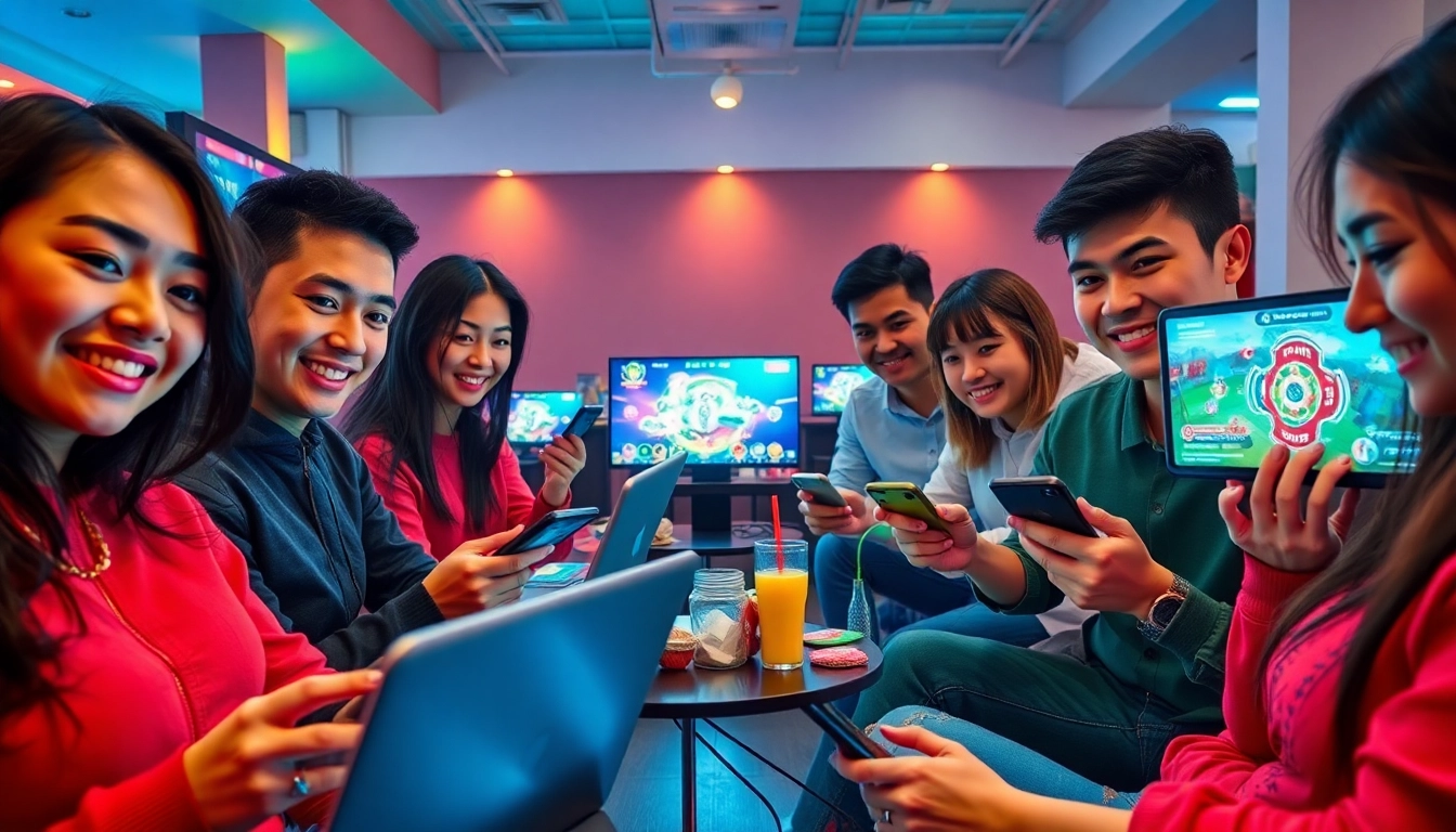 Exciting online gaming scene at topgamebaidoithuong.mx showcasing diverse players enjoying card games.
