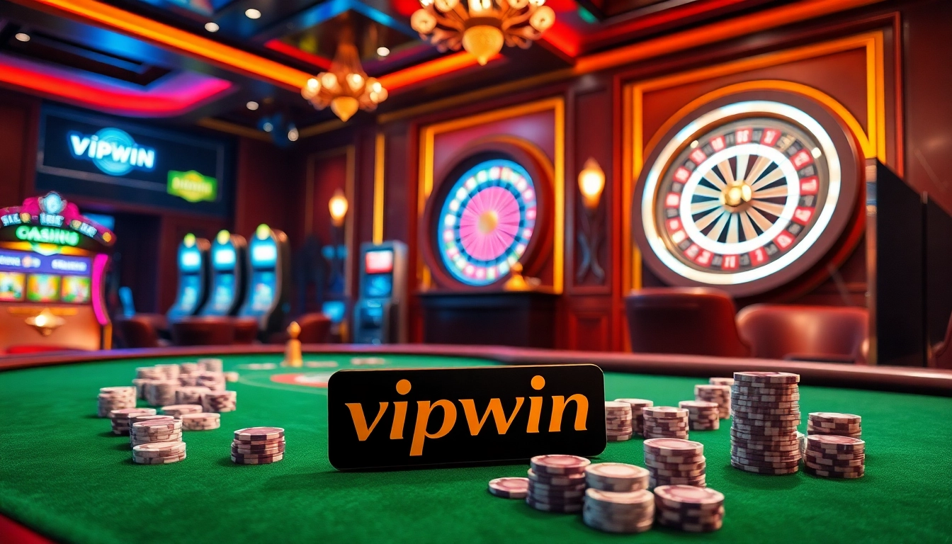 Experience high-stakes excitement at vipwin with a luxurious casino scene featuring poker and roulette.