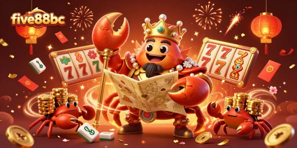 Engage with exciting five88bc online casino games featuring a golden crab emperor amidst vibrant slot reels and festive decorations.
