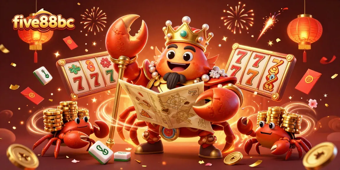 Engage with exciting five88bc online casino games featuring a golden crab emperor amidst vibrant slot reels and festive decorations.