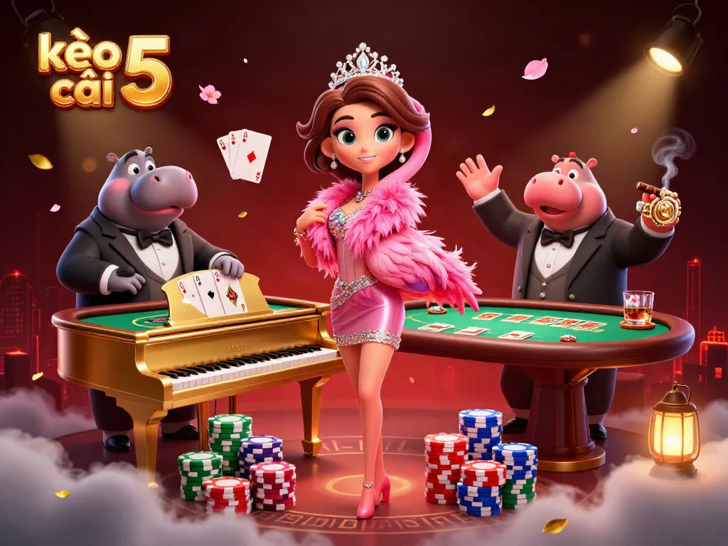 Engage with kèo nhà cái 5 through a lively casino scene showcasing vibrant characters and dynamic gaming elements.
