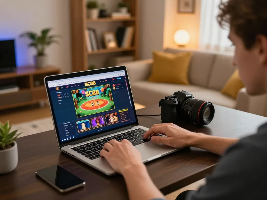 Engaging in online gaming at SC88 with laptop displaying thrilling casino interface
