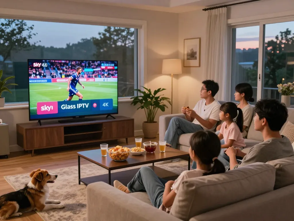 Family enjoying entertainment with Sky Glass IPTV in cozy living room with 4K TV.