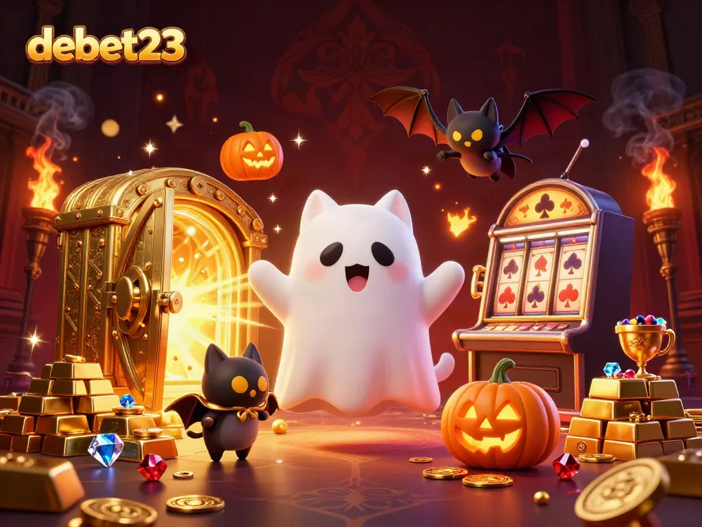 Experience debet23's thrilling haunted casino adventure with a ghost cat and vampire bat.