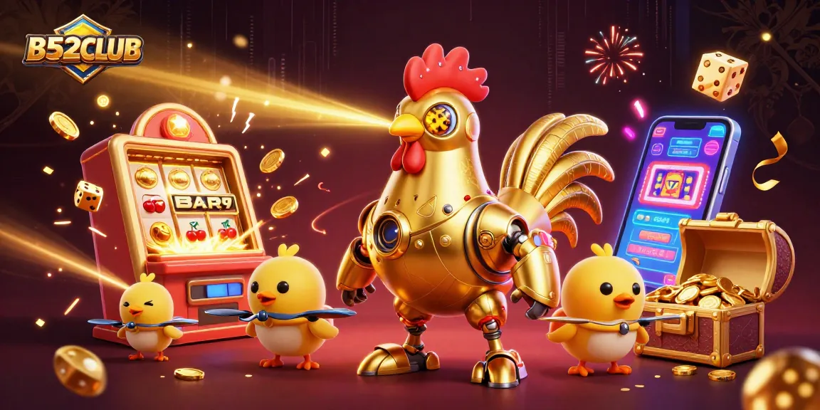 B52CLUB showcases a dynamic 3D illustration of a golden rooster robot amid explosive casino elements.