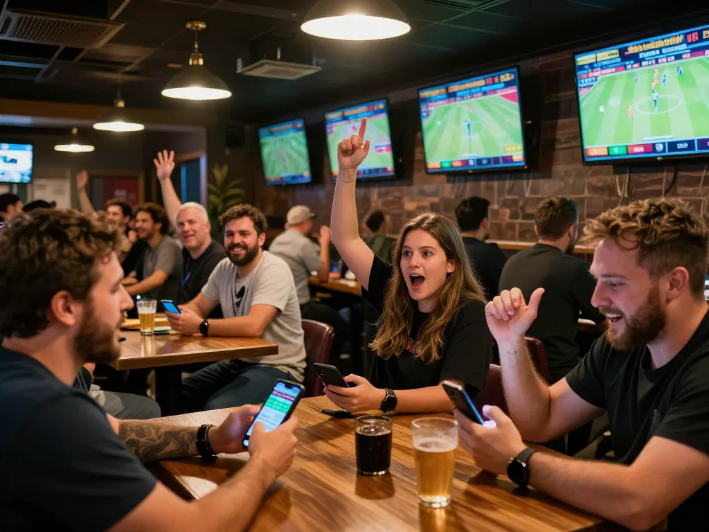 F8bet sports bettors engaging with their smartphones in a lively social atmosphere.