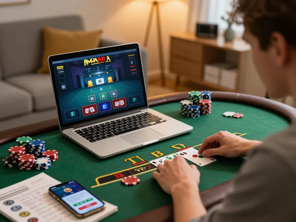 Player engaging in SHBET online blackjack strategy session with chips and laptop visible