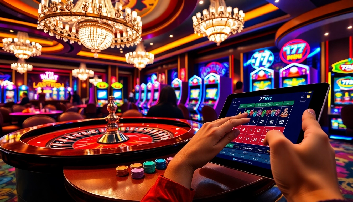 77Bet gaming interface displayed at a vibrant roulette table with colorful chips.