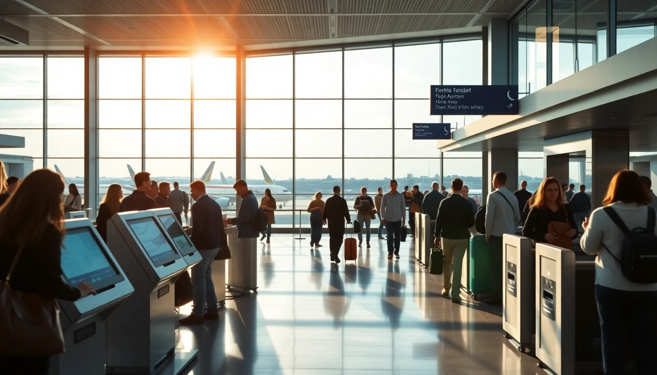 Travelers using digital kiosks at London City airport terminal, showcasing bustling activity.