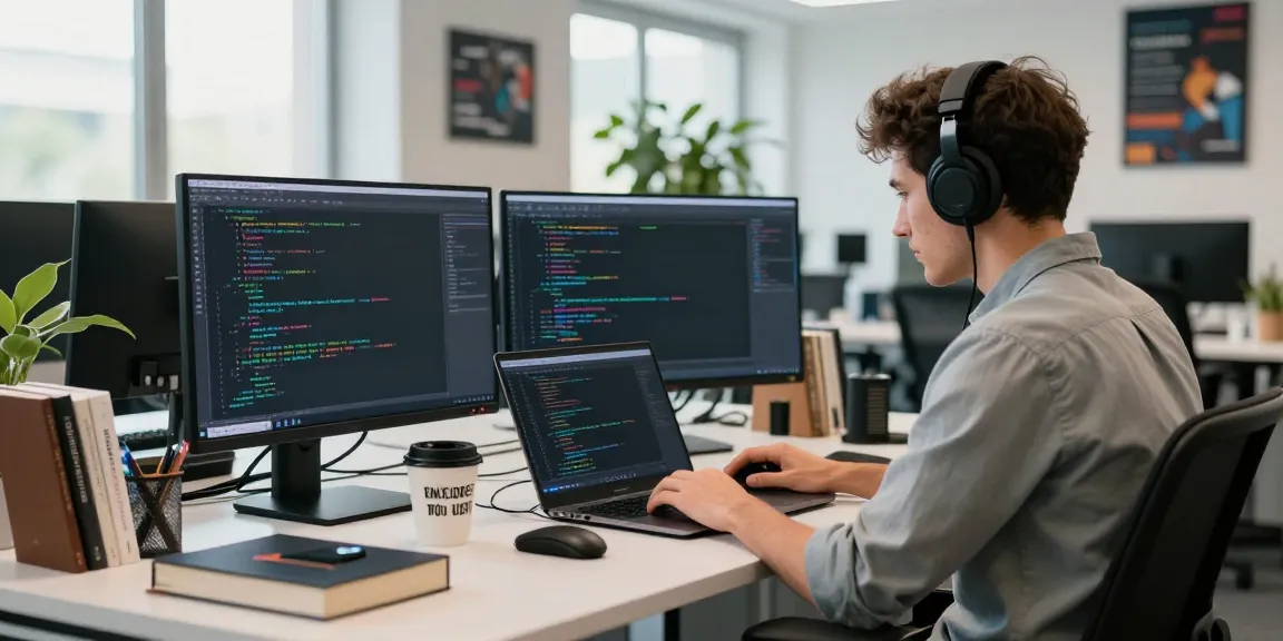 Developer working on instant indexing in a vibrant tech workspace.