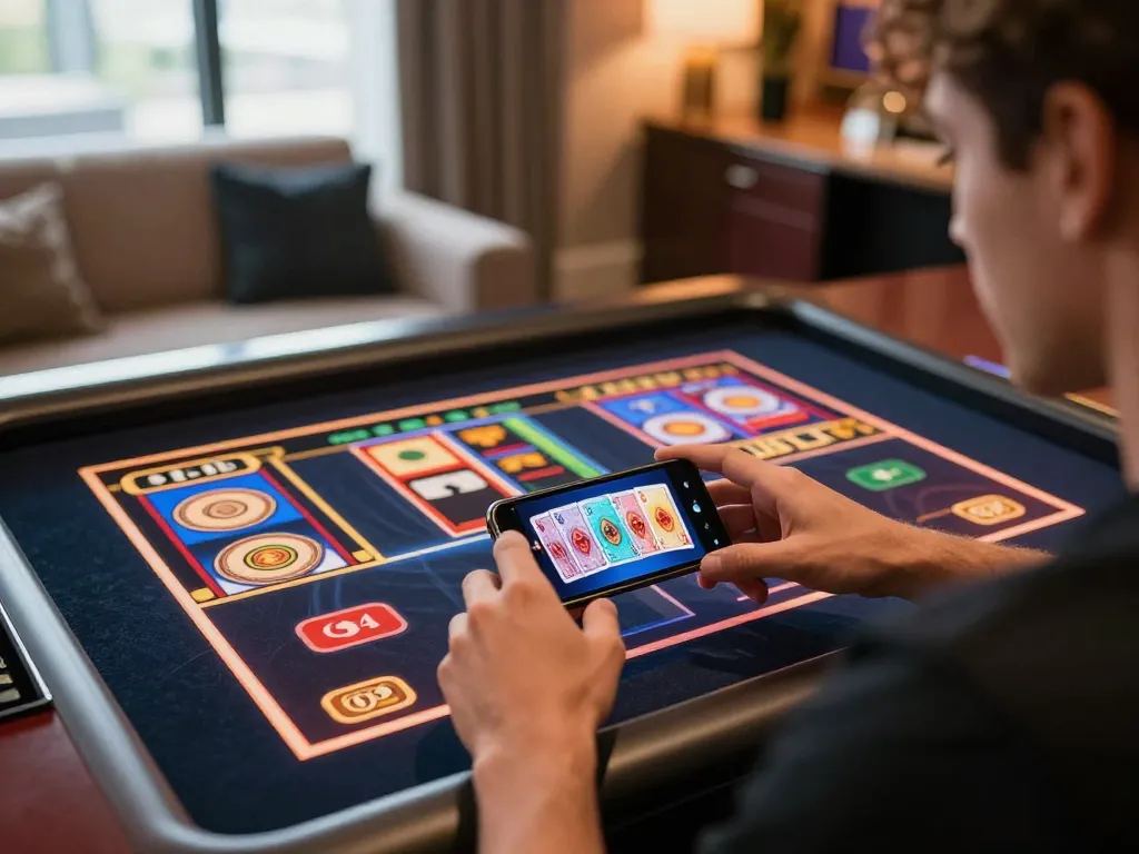 Player enjoying luck8 online slots on smartphone in a cozy home setting with engaging graphics.